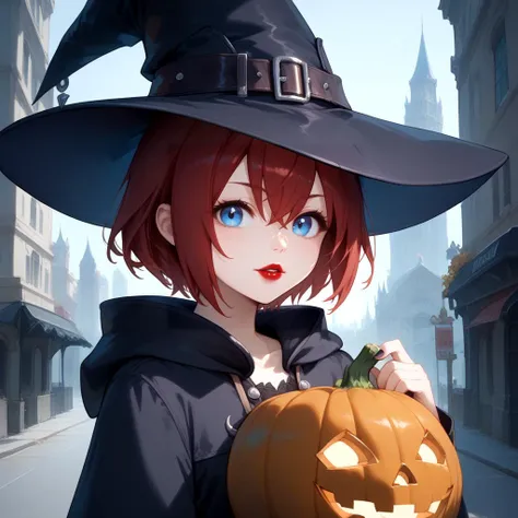 1girl, solo, short hair, red hair, blue eyes, bangs, hair between eyes,  witch hat, black outfit, gothic lipstick, dark city, ou...