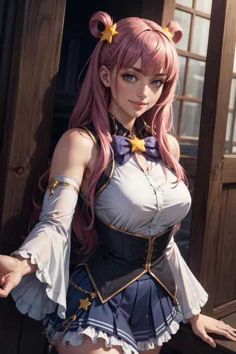 (masterpiece, best quality, 4k, detailed, intricate, realistic),outside,cinematic angle1girl,hatsunedef, hair rings, star hair ornament, frills, vest, shirt, bowtie, detached sleeves, skirt, bare shoulders,smile  <lora:princessconnect_hatsune:0.85>