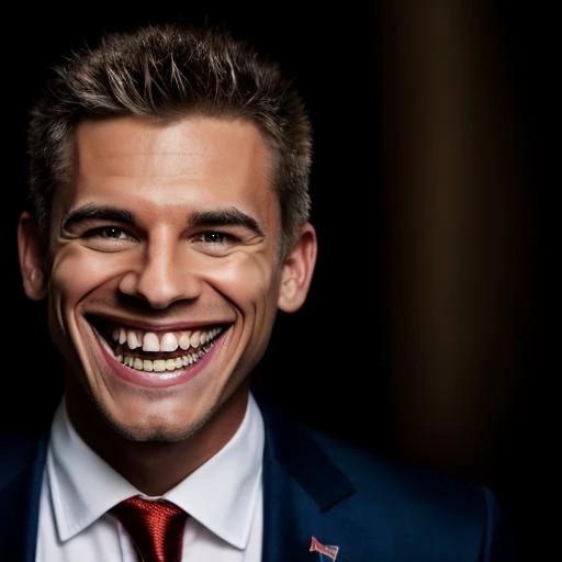 RAW photo, spikey hair , a guy  , three-quarter, toothy grin, wearing suit <lora:tr0ll-000040:0.8>, 8k uhd, dslr, soft lighting, high quality, film grain, Fujifilm XT3, simple background