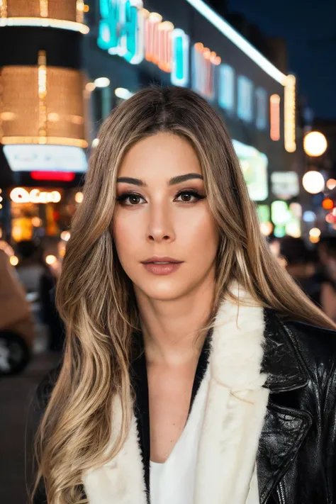 a woman with long hair and a black jacket standing on a city street