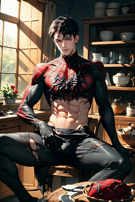 absurdres, intricate details, masterpiece, best quality, high resolution, 8k,
(1boy, torn clothes, black torn spidersuit, spider web print, crew cut:1.3), 
looking at viewer, smirk, 
(spread legs, muscular, large pectorals, abs:1.2),
detailed face, blue ey...