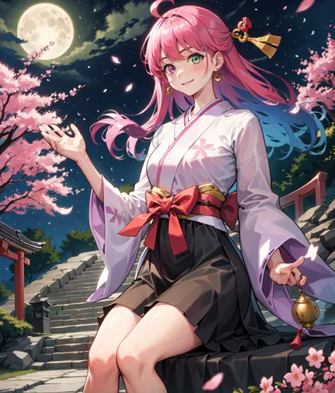 <lora:KitsuneAi-HimemoriLuna-LoCon32V1:1> lunathird, fullbody, moon earrings, close up, smile, 
japanese shrine at nighttime, falling cherry blossoms, shining moon,  sitting on stairs to shrine, raining, windy, floating hair, dynamic pose, (realistic:1.1) ...