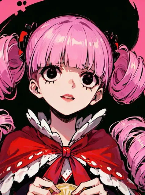 <lora:perona_v2:1>, perona, red capelet, pink hair, twintails, twin drills, ((disc-shaped eyes, black eyes))