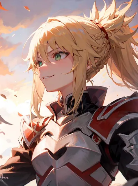 <lora:mordred:0.9>, mordred \(fate\), ponytail, green eyes, braid, smug