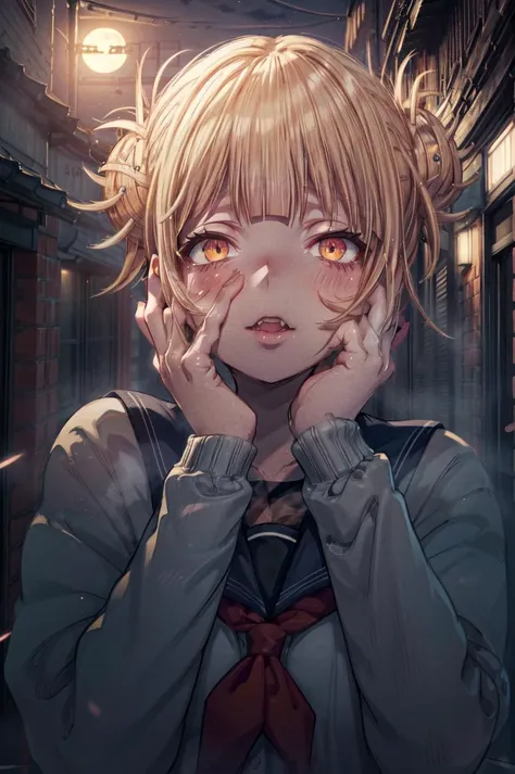 detailed illustration, close up, of a curvy girl, toga himiko, blonde hair, yandere, yandere trance, hands on own face,hands on own cheeks, school girl uniform, inside, night time, low light, school, moonlight, cinematic lighting, hires, volumetric lightin...