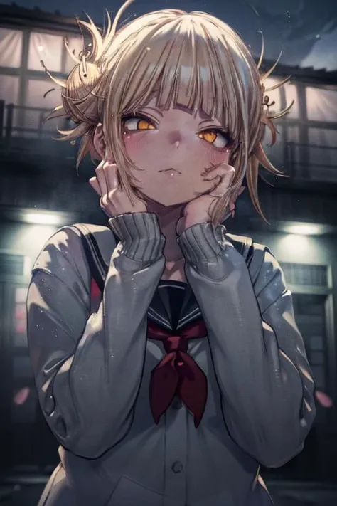 detailed illustration, close up, of a curvy girl, toga himiko, blonde hair, yandere, yandere trance, hands on own face,hands on own cheeks, school girl uniform, inside, night time, low light, school, moonlight, cinematic lighting, hires, volumetric lightin...