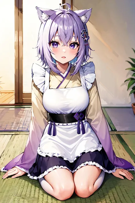 masterpiece, best quality, highres, aaokayu, short hair, ahoge, animal ears, hair ornament, cat tail, ribbon trim, japanese clothes, white kimono, white apron, frilled apron, sash, obi, purple skirt, <lora:nekomata_okayu_v1:0.8>, kneeling, indoors, hand on...