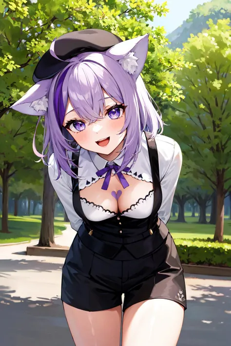 masterpiece, best quality, highres, aaokayu, medium hair, multicolored hair, streaked hair, animal ears, beret, cat tail, purple ribbon, breast tattoo, cleavage cutout, white shirt, suspender shorts, black shorts, <lora:nekomata_okayu_v1:0.8>, arms behind ...