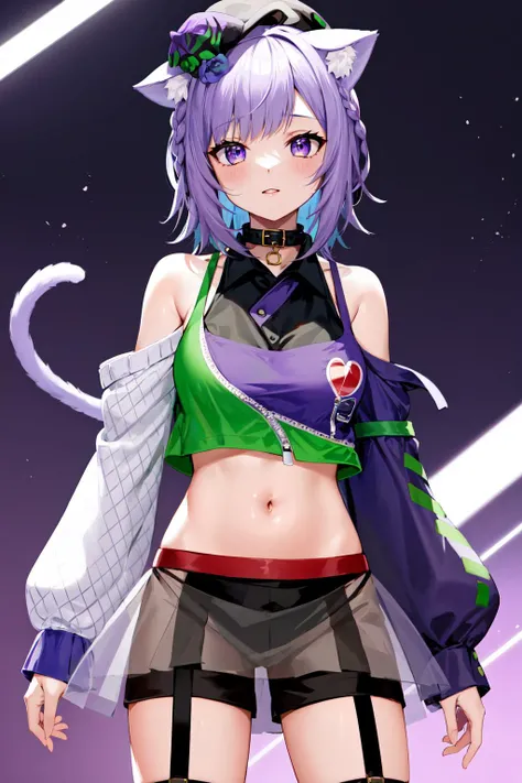 masterpiece, best quality, highres, aaokayu, short hair, ahoge, braid, (animal ears:1.1), black headwear, cat tail, collar, crop top, shoulder cutout, midriff, see-through skirt, shorts under skirt, garter straps, asymmetrical legwear, <lora:nekomata_okayu...