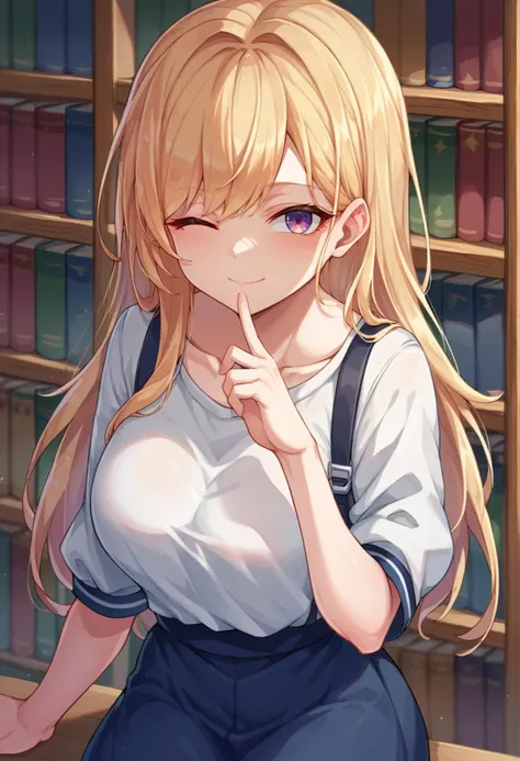 score_9,score_8_up,score_7_up,source_anime,1girl,solo,finger to mouth,closed mouth,one eye closed,light smile,library,looking at...