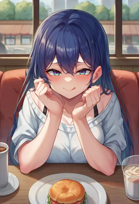 score_9,score_8_up,score_7_up,source_anime,1girl,cafe,pov around table,sitting,smug,tongue out,closed mouth,blush,head up,food,