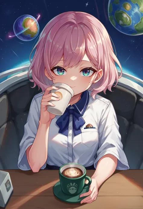 score_9,score_8_up,score_7_up,source_anime,1girl,solo,space,sitting on a chair,table,coffee cup,floating,drinking,planet,looking...