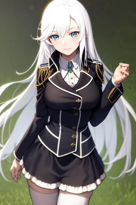 masterpiece, best quality, highres, 1girl la folia rihavein white hair, military uniform white shirt black skirt brooch <lora:la_folia:1> (photorealistic:1.2)