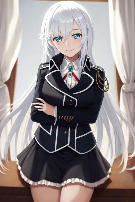 masterpiece, best quality, highres, 1girl la folia rihavein white hair, military uniform white shirt black skirt brooch <lora:la_folia:1> smile