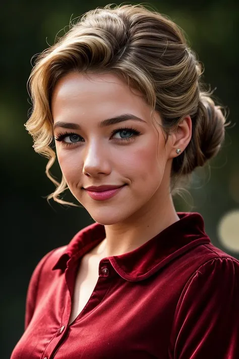 photo of beautiful (AleN3l_V4A_TTX:0.99), a woman with perfect hair, hair upsweep updo, wearing (red Velvet Blouse :1.1), (plain yellow outside, stream, rain :1.1), modelshoot style, (extremely detailed CG unity 8k wallpaper), professional majestic photogr...