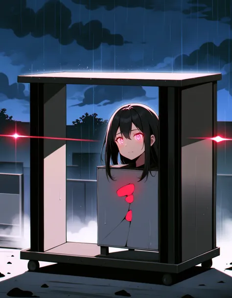 anime girl in a box with a red rose in her mouth