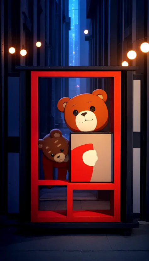 there is a teddy bear in a red booth with lights