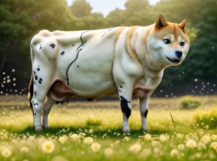 araffeed cow standing in a field with dandels and dandels, jerma985 in fortnite, thicc, funny professional photo, minimalist photo, she is facing the camera, majestic masterpiece, zun, big moe, speculative evolution, photo from 2022, white with black spots...