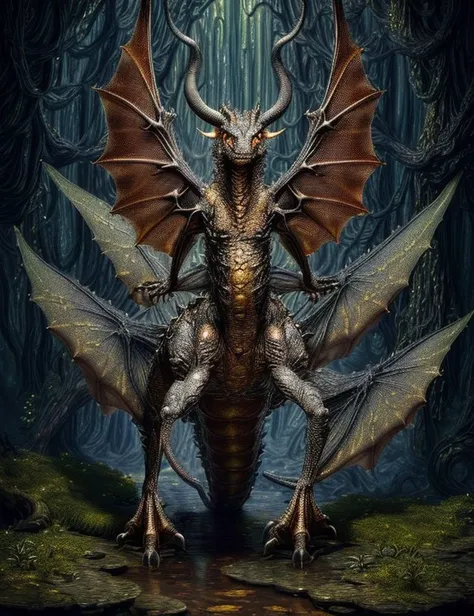 <lyco:DonML1quidG0ld-000008:0.8> ((best quality)), ((masterpiece)), ((realistic)), (detailed), DonML1quidG0ld Medium Camouflaged Subterranean Vintage draconian, Quadrupedal Hexamanual, Webbed Appendages, Single-Tailed Curved-Tailed, Slimy Skin,  Dragon Win...