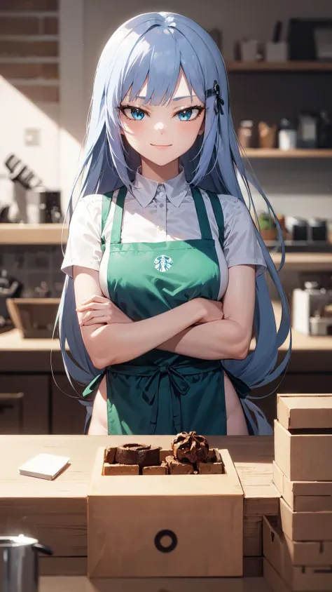 masterpiece, best quality, highres, 1girl, aatsumugi, (sky blue hair:1.2), long hair, low-tied long hair, blunt bangs, hairclip, <lora:shiraishi_tsumugi_v1:0.7>, looking at viewers, smile, upperbody, starbucks apron, shirt under apron, pants, (skindention:...