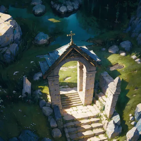 (((Nobody:1.2))),round platform altar,theres a ladder,(masterpiece, highres, best quality, ultra detailed, detailed background, cinematic lighting:1.2),(beautiful detailed face, detailled eyes),rocks,stones,still life,black background,grass,steps,stairs,((...