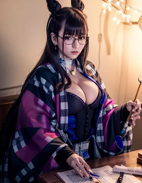 (masterpiece, best quality, high resolution), ((cowboy shot))
Caster2, Plaid pattern coat, 1girl, breasts, solo, glasses, calligraphy brush, paintbrush, hair over one eye, holding, very long hair, looking at viewer, cleavage, 
<lora:FGOMurasaki:0.9>,