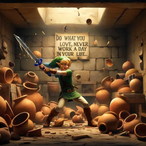 link,  <lora:link_v1:0.3> link, nintendo, the legend of zelda, 1boy, blonde hair, blue eyes, pointy ears, hat, gloves, jewelry, earrings, belt, shield, master sword, wide-eyed, excited, destructive, crazy smile,