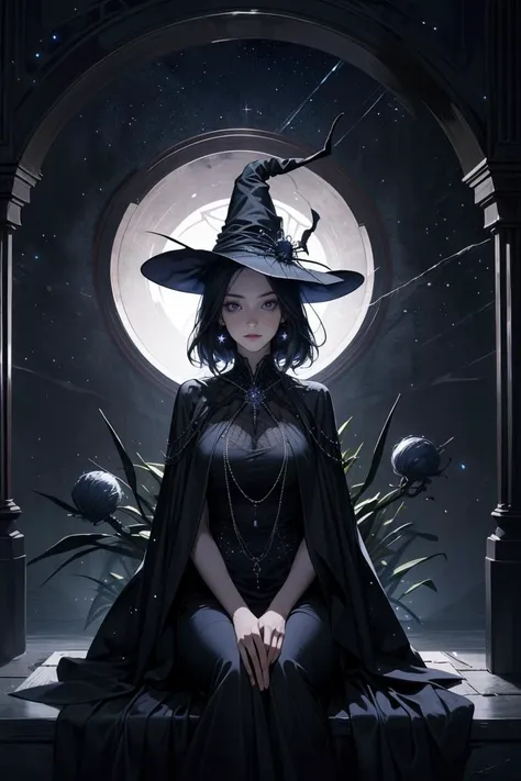 a woman in a witch costume sitting on a bench in front of a full moon