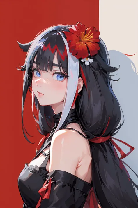 anime girl with long black hair and red flower in her hair