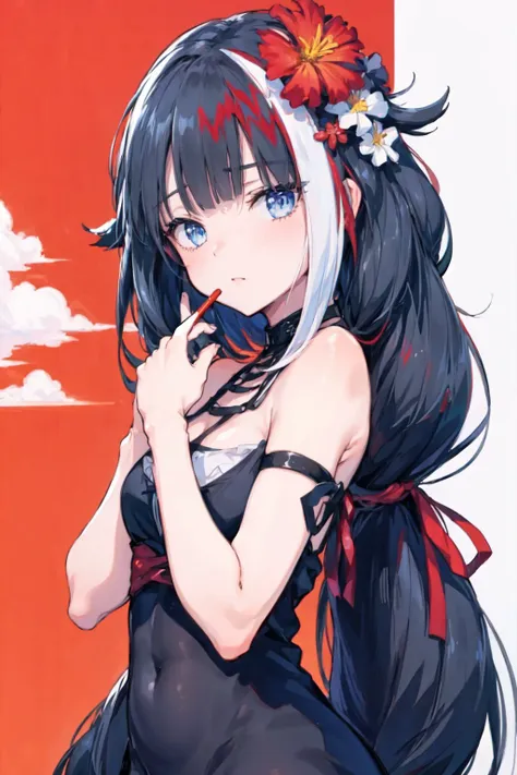 anime girl with long black hair and red flowers in her hair