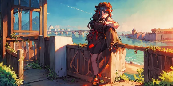 anime girl standing on a balcony overlooking a river and a city