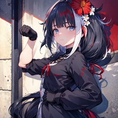 anime girl with black hair and red flowers in her hair