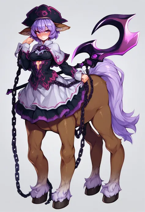 score_9, score_8_up, score_7_up, score_6_up, <lora:MonsterGirlXL_P6_lokr_V43P1NF:0.95> 1girl, scythe, solo, monster girl, taur, short hair, centaur, simple background, white background, holding, full body, animal ears, looking at viewer, tail, weapon, brea...