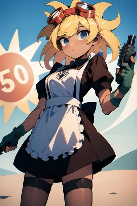 <lora:solarflare-09:1> solarflare, holding gun, maid outfit, wearing maid outfit, holding ak-47 gun, desert background, masterpiece, best quality