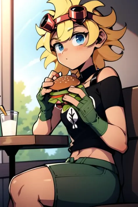 <lora:solarflare-09:1> solarflare, sitting in cafe, eating burger, masterpiece, best quality