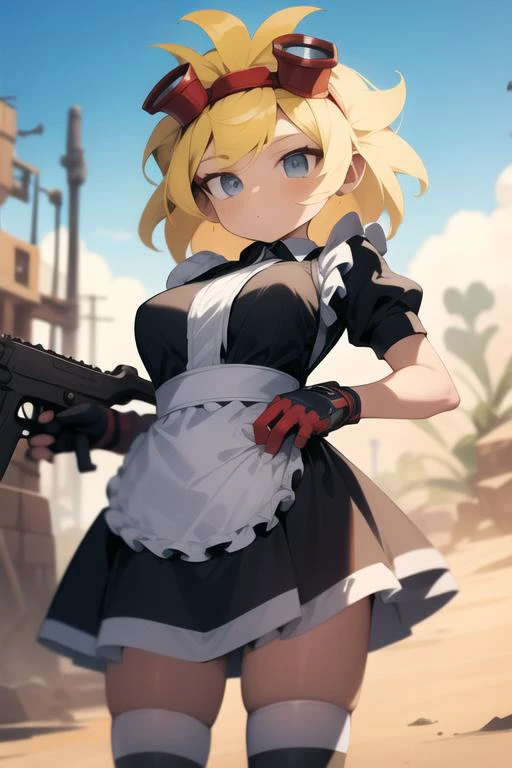 <lora:solarflare-04:1> solarflare, holding gun, maid outfit, wearing maid outfit, holding ak-47 gun, desert background, masterpiece, best quality