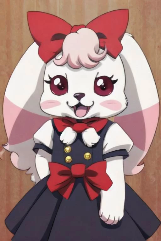 anime character of a white cat with a red bow and a black dress