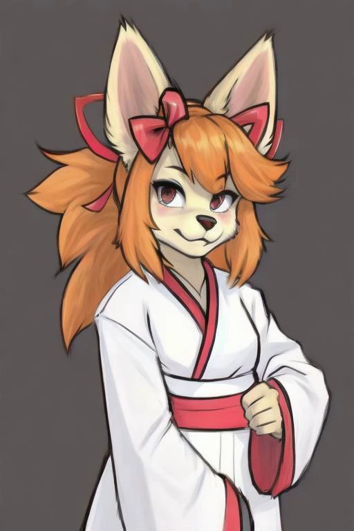 a drawing of a fox with a red bow on her head