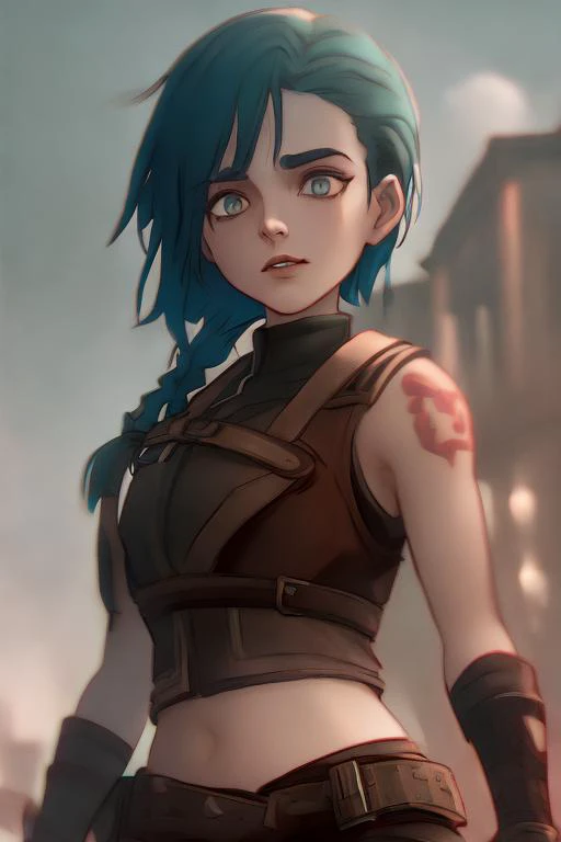 1girl, arm tattoo, asymmetrical bangs, bangs, blue hair, braid, brown shirt, cloud tattoo, looking at viewer, laughing, crazy, uncontrollable laugh, mad look, night, city, green hair, long hair, midriff, pink eyes, red lips, shirt, solo, standing, tattoo, ...