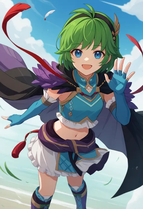 a woman in a blue and green outfit holding a sword