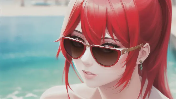 masterpiece, high quality, very detailed, 1girl, sunglasses, red hair, white eyes, colorful, in water