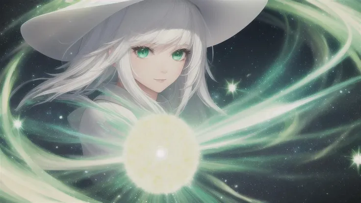 masterpiece, high quality, very detailed, 1girl, white hair, green eyes, magic, magic swirls, magic particles, dust, glowing eye...