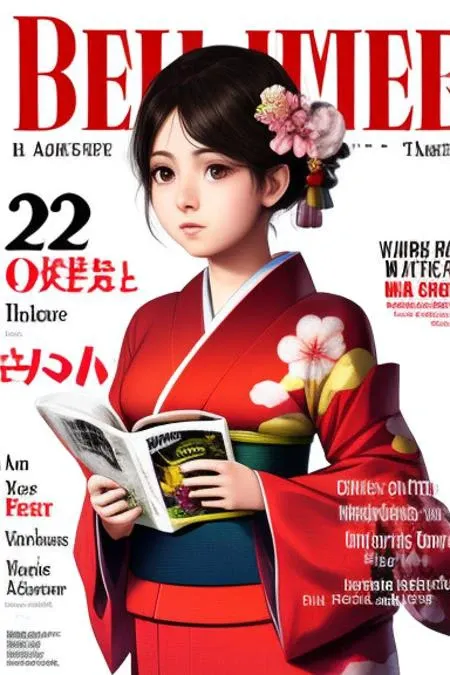 a girl in a red kimono, a magazine cover