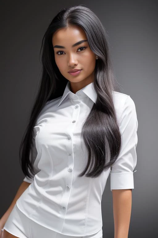 KellyGale, official identification photo of a young woman in a (elegant detailed white tight secretary shirt :1.5), (long black hair, twin tails), (professional photo , studio lighting, hard light, sony a7, 50 mm, (hyperrealistic), big depth of field, mate...