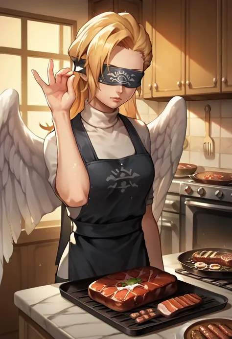 anime girl with angel wings preparing food in kitchen with meat