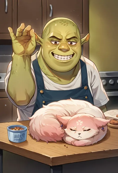 a close up of a cartoon character sitting at a table with a cat