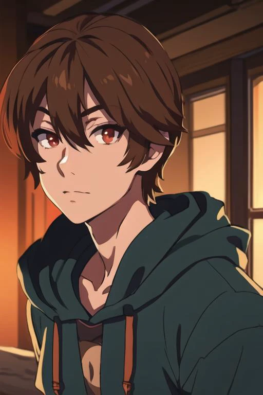 masterpiece, best quality, high quality, 1boy, solo, male focus, looking at viewer, upper body, <lora:keyaru_kaifuku_jutsushi:0.78>, keyaru_kaifuku_jutsushi, brown hair, red eyes, hair between eyes, realistic, hoodie