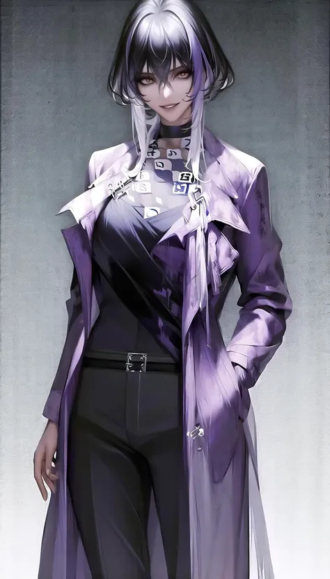 a close up of a woman in a purple coat and black pants