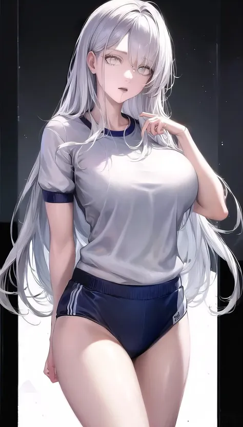 a woman with long white hair and a gray shirt posing