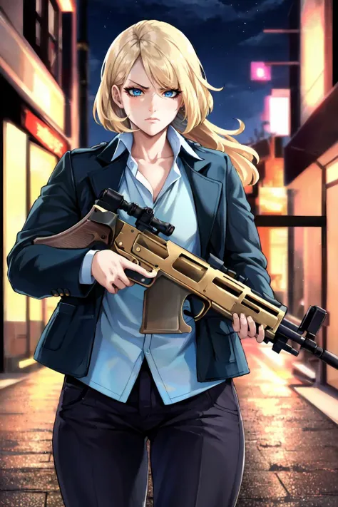 a woman holding a rifle in a city street at night